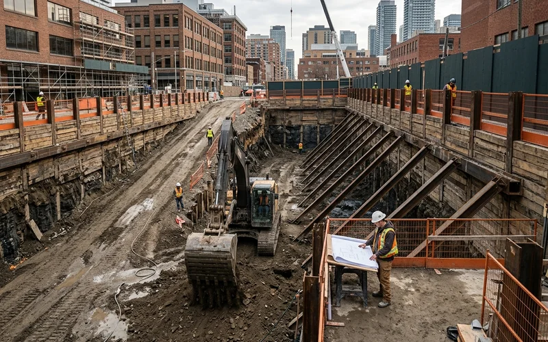 Bulk excavation lift beside steel rakers bracing a shoring wall on a multi-unit site