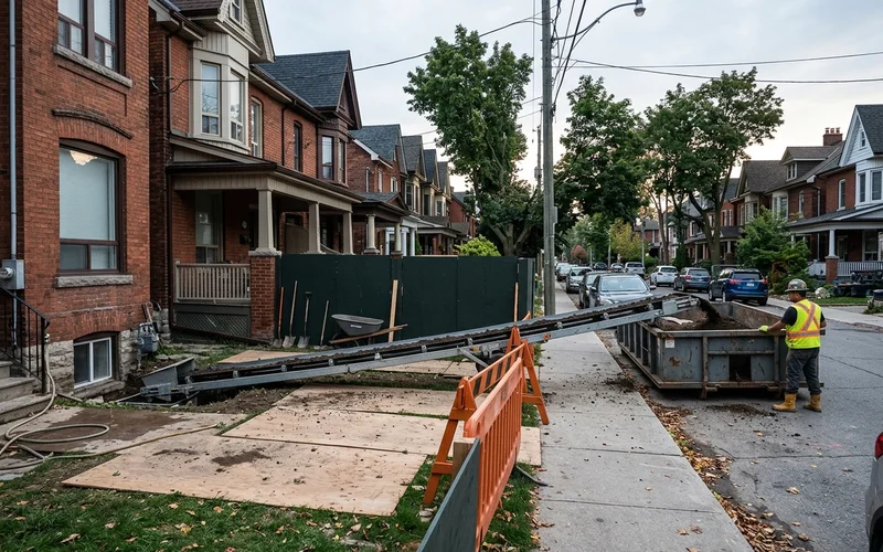 Conveyor running from a basement window through a narrow side yard to a street soil bin