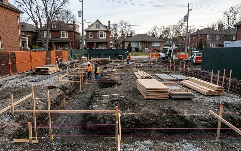 Foundation footing trench with over-dig and layout string lines ready for forming