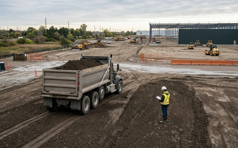 Truck proof-rolling an industrial subgrade with a technician checking for deflection