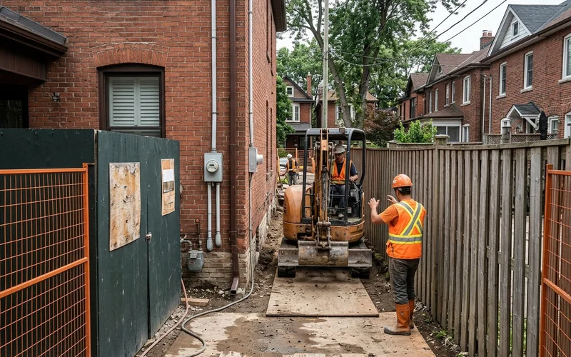 Mini-excavator passing through a narrow Toronto side yard between a house and a fence