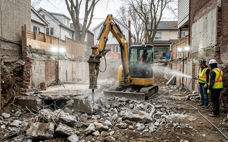 Hydraulic hammer breaking out old footings before the new foundation dig
