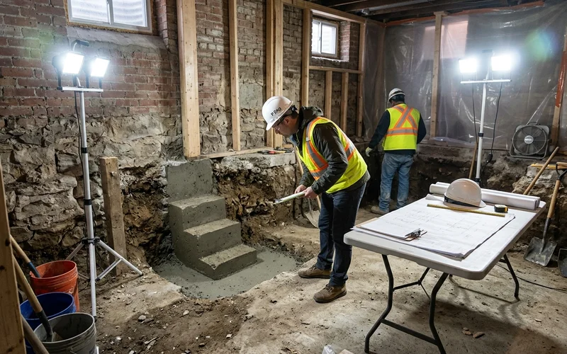 Engineer inspecting an excavated underpinning pin against stamped drawings in a Toronto basement