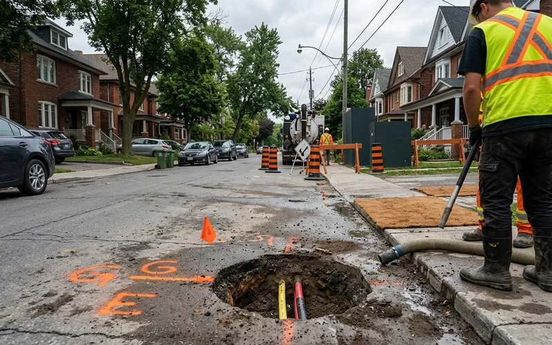 Hydrovac pothole exposing a gas line and hydro conduit beside locate paint marks