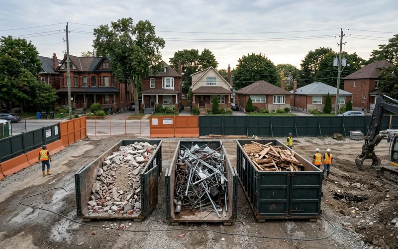 Demolition debris sorted into concrete, metal and wood for recycling