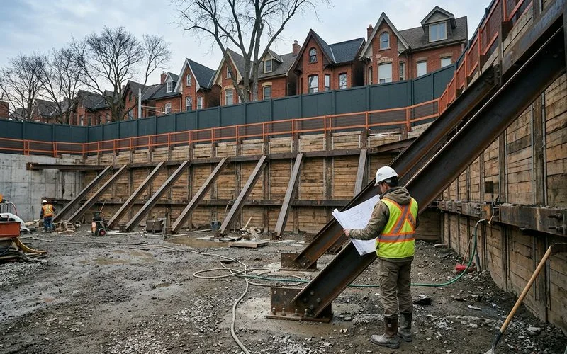 Steel rakers bracing a shoring wall with an engineer checking connections