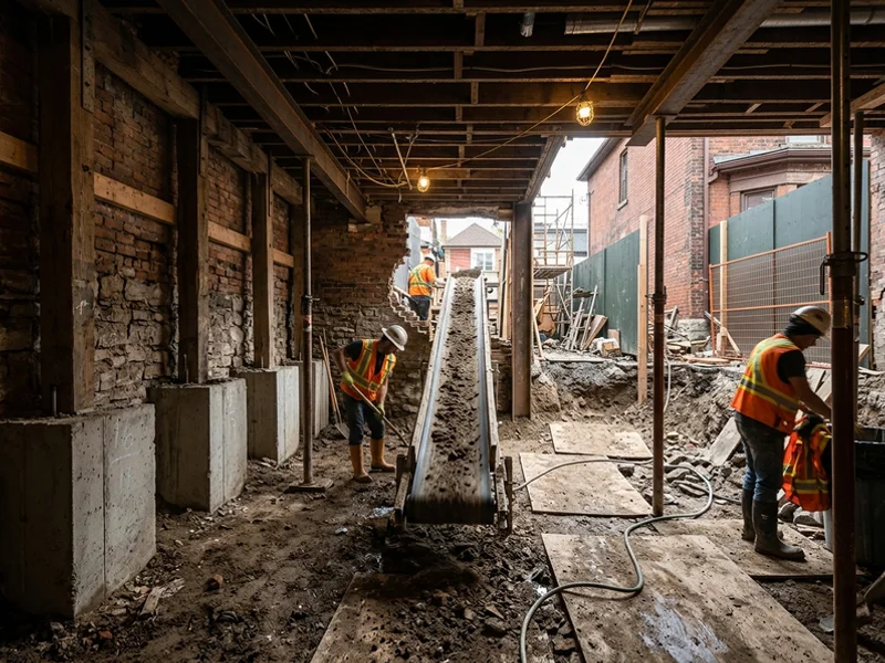 Basement dig-out in a 1920s Riverdale semi with party-wall underpinning pins exposed