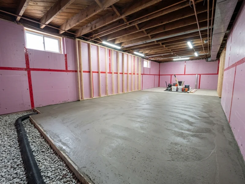 After: bungalow basement with weeping tile, XPS insulation and a new slab