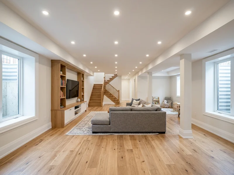 After: finished 9 ft basement family room after underpinning
