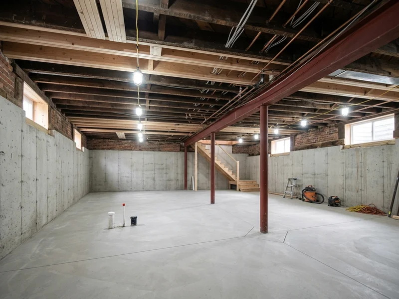 After: underpinned basement with 9 ft 4 in ceiling and new concrete walls and slab