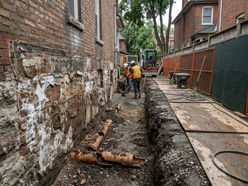 Before: exterior excavation exposing a leaking foundation wall