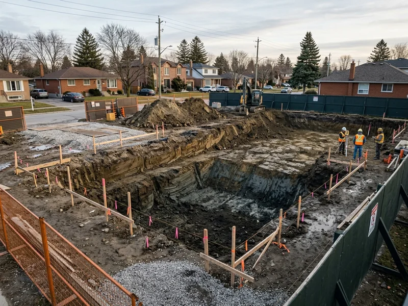 Before: freshly dug custom-home foundation excavation with benched walls