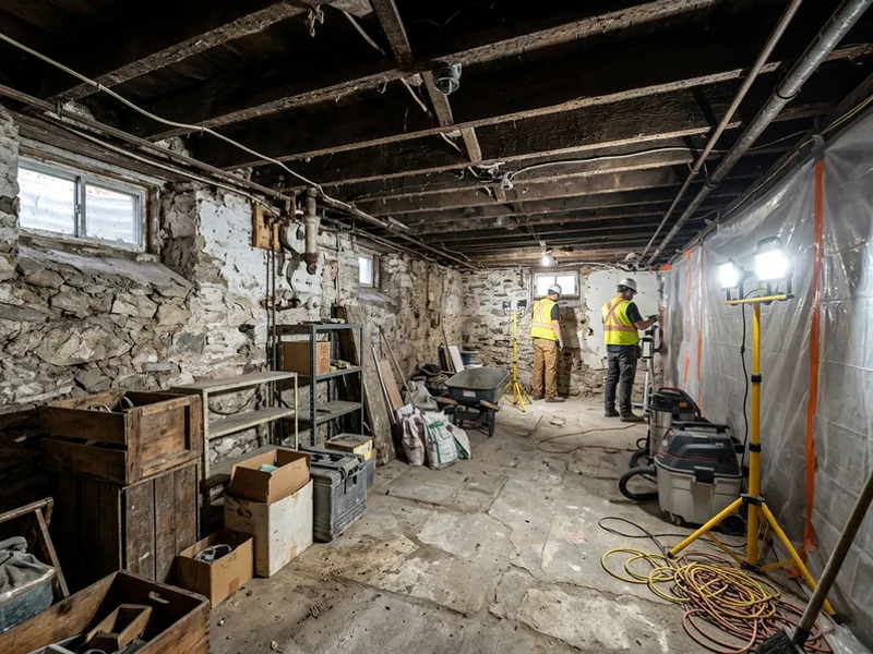 Before: low Victorian semi basement with rubble stone walls and exposed joists