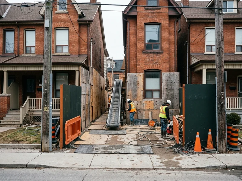 Before: narrow side yard with a conveyor set up for a basement dig-out