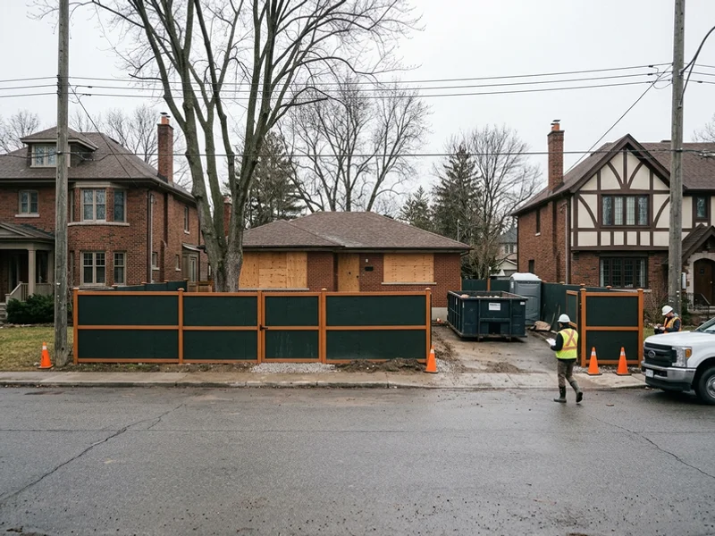 Before: old brick bungalow behind site hoarding, ready for a knock-down rebuild