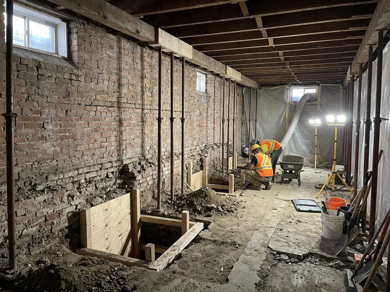 Before: alternating underpinning pin excavations under a party-wall footing