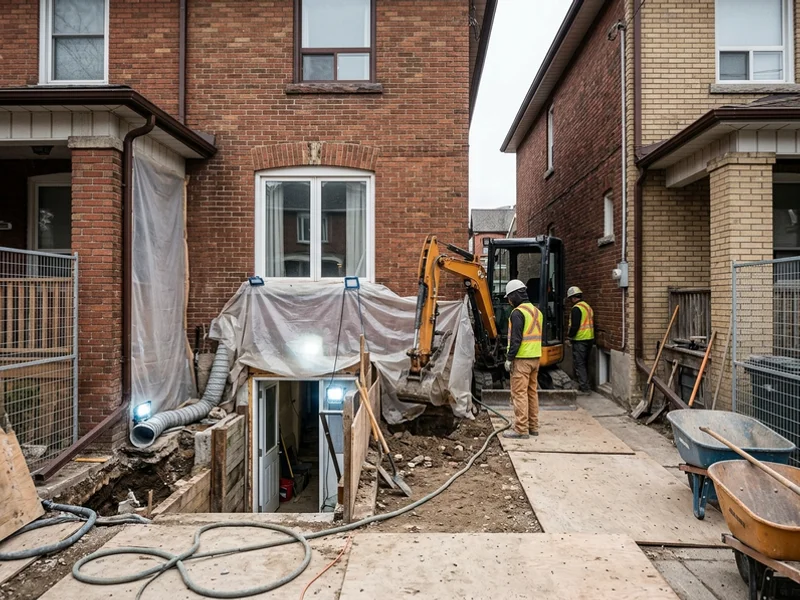 Mini-excavator in a narrow mutual drive between East York semis