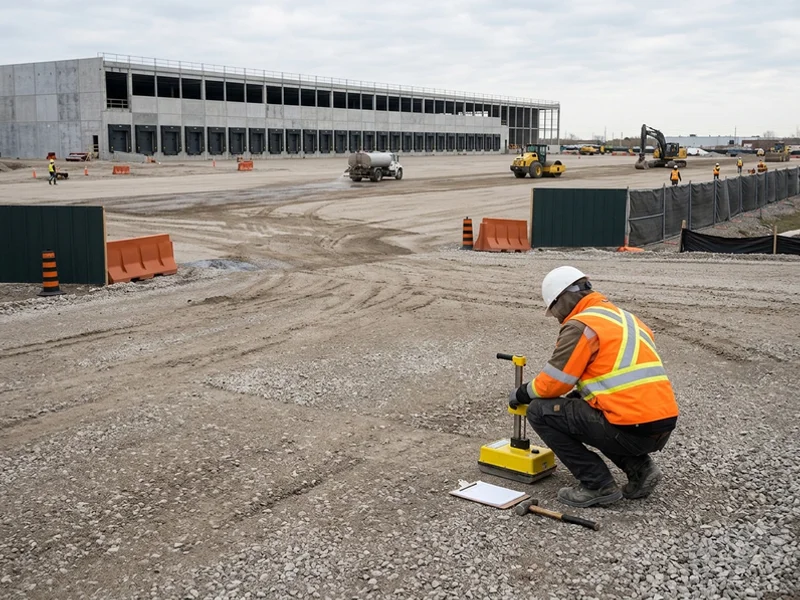 Compaction test on a granular warehouse pad in Mississauga