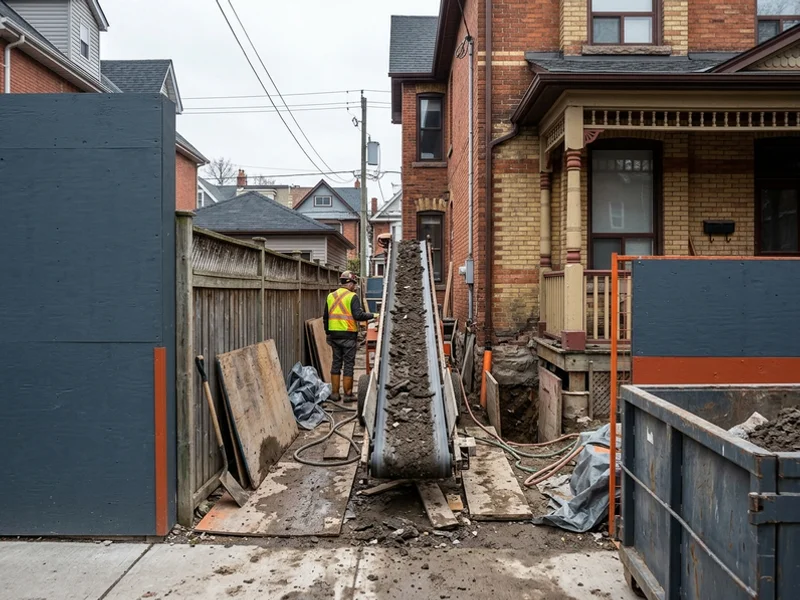 Conveyor carrying soil through a narrow Cabbagetown side yard during a Victorian dig-out