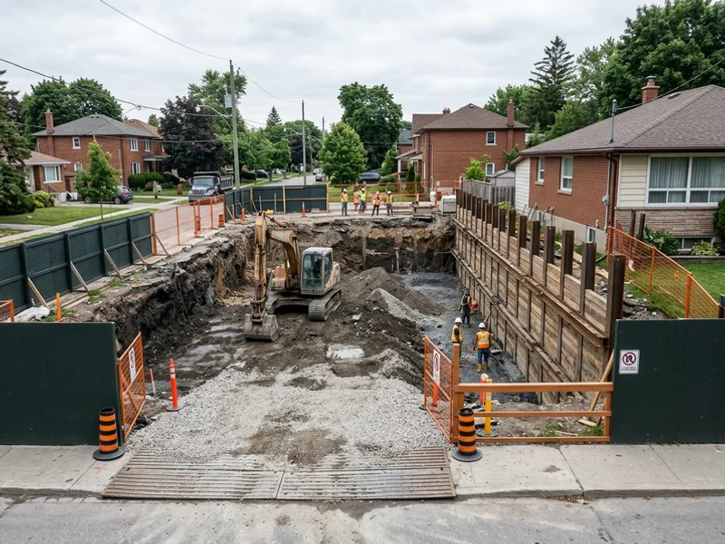 Infill foundation excavation in Willowdale with shoring beside a neighbouring bungalow