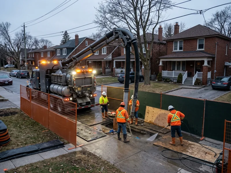 Emergency watermain repair in North York with a hydrovac truck exposing the break