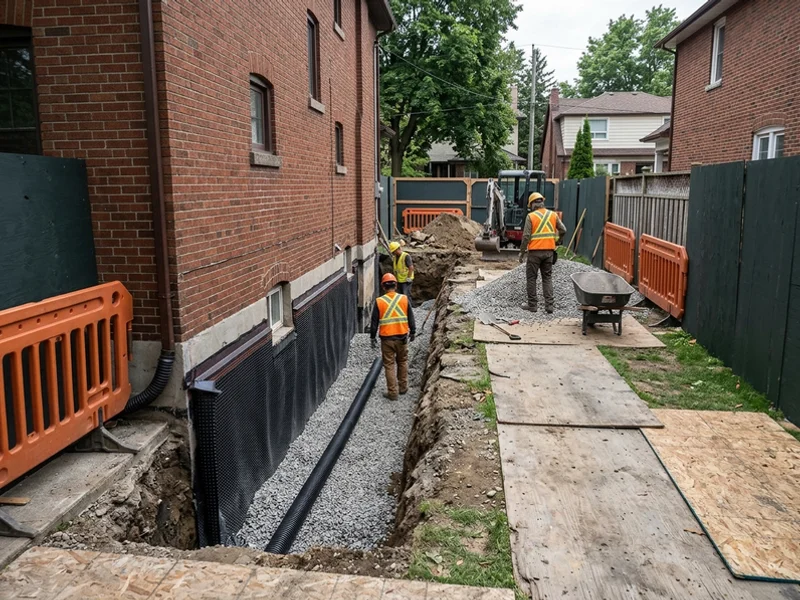 Exterior basement waterproofing in Etobicoke with membrane, dimple board and new weeping tile