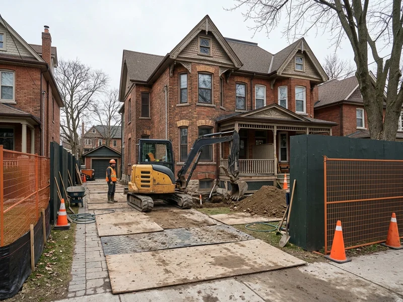Heritage homes in Unionville with a compact excavator working behind one house