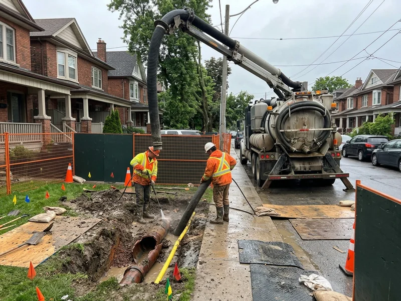 Hydrovac daylighting a collapsed sewer lateral beside a gas line in East York
