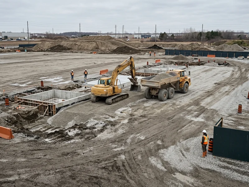 Warehouse pad site prep in Mississauga with an excavator and dump truck placing compacted granular base