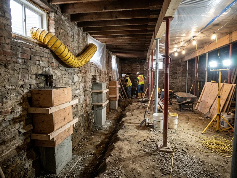 Underpinning in progress in a Leslieville semi with formed concrete pins along the foundation wall