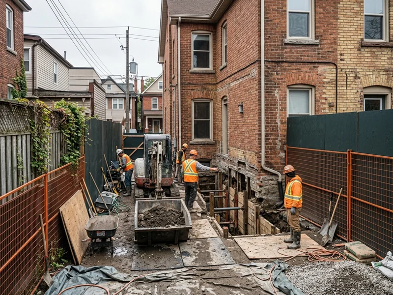 Narrow Trinity-Bellwoods backyard with a mini-excavator during Victorian semi underpinning
