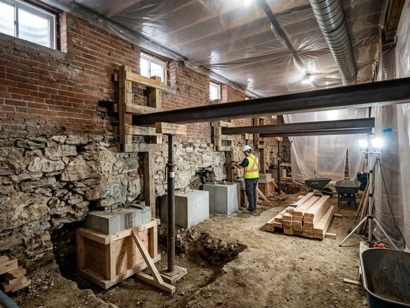 Party-wall underpinning pins under a rubble stone foundation in a Victorian basement