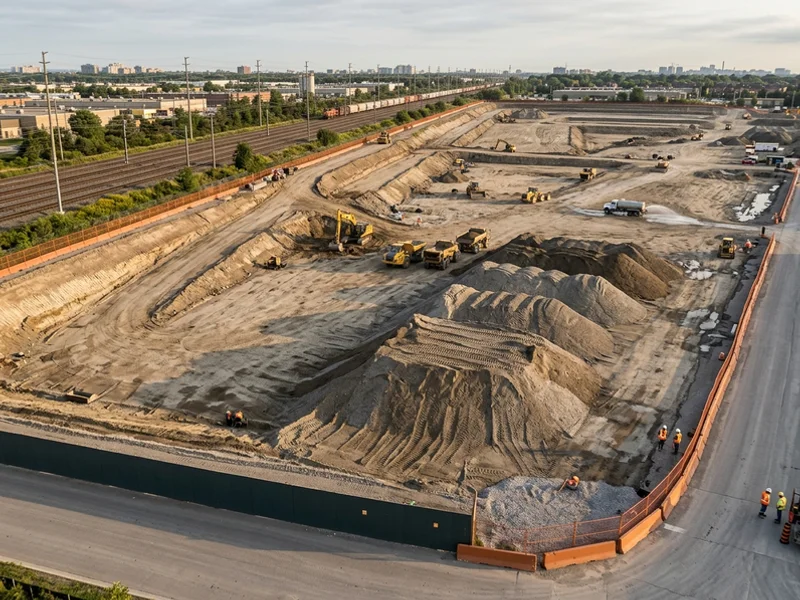 Rail-adjacent earthworks in Scarborough with graded benches and lined soil stockpiles