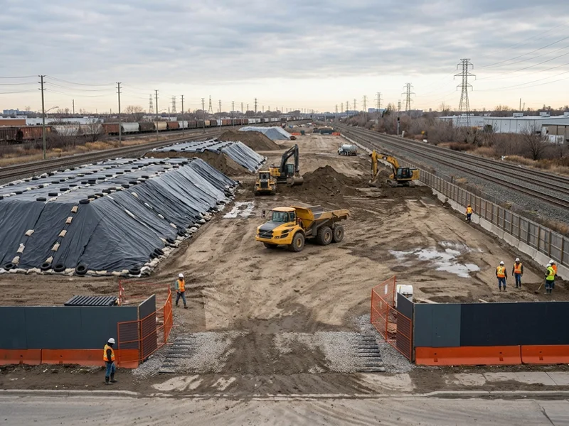 Rail-adjacent industrial earthworks in Scarborough with lined soil stockpiles
