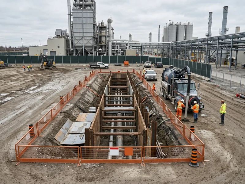 Shored pipe gallery trench at an operating industrial plant in Vaughan with a hydrovac truck on site
