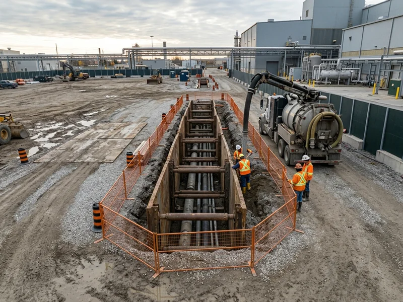 Shored pipe gallery trench at an operating Vaughan plant with a hydrovac truck