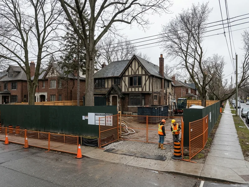 Tudor-style house in The Kingsway behind site hoarding before a rebuild