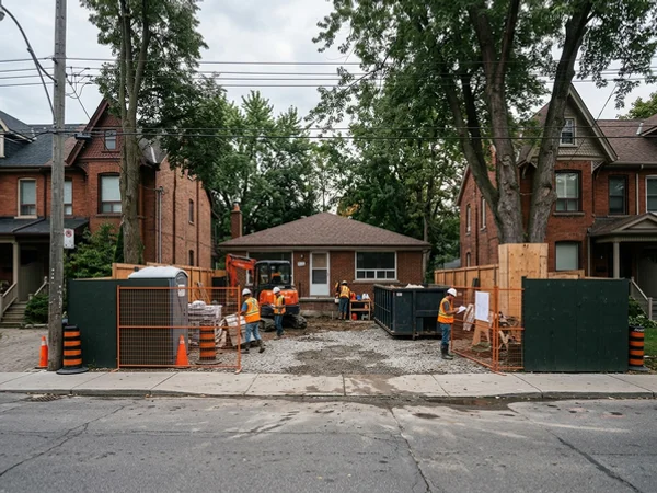 Bungalow behind site hoarding on day one of a knock-down rebuild