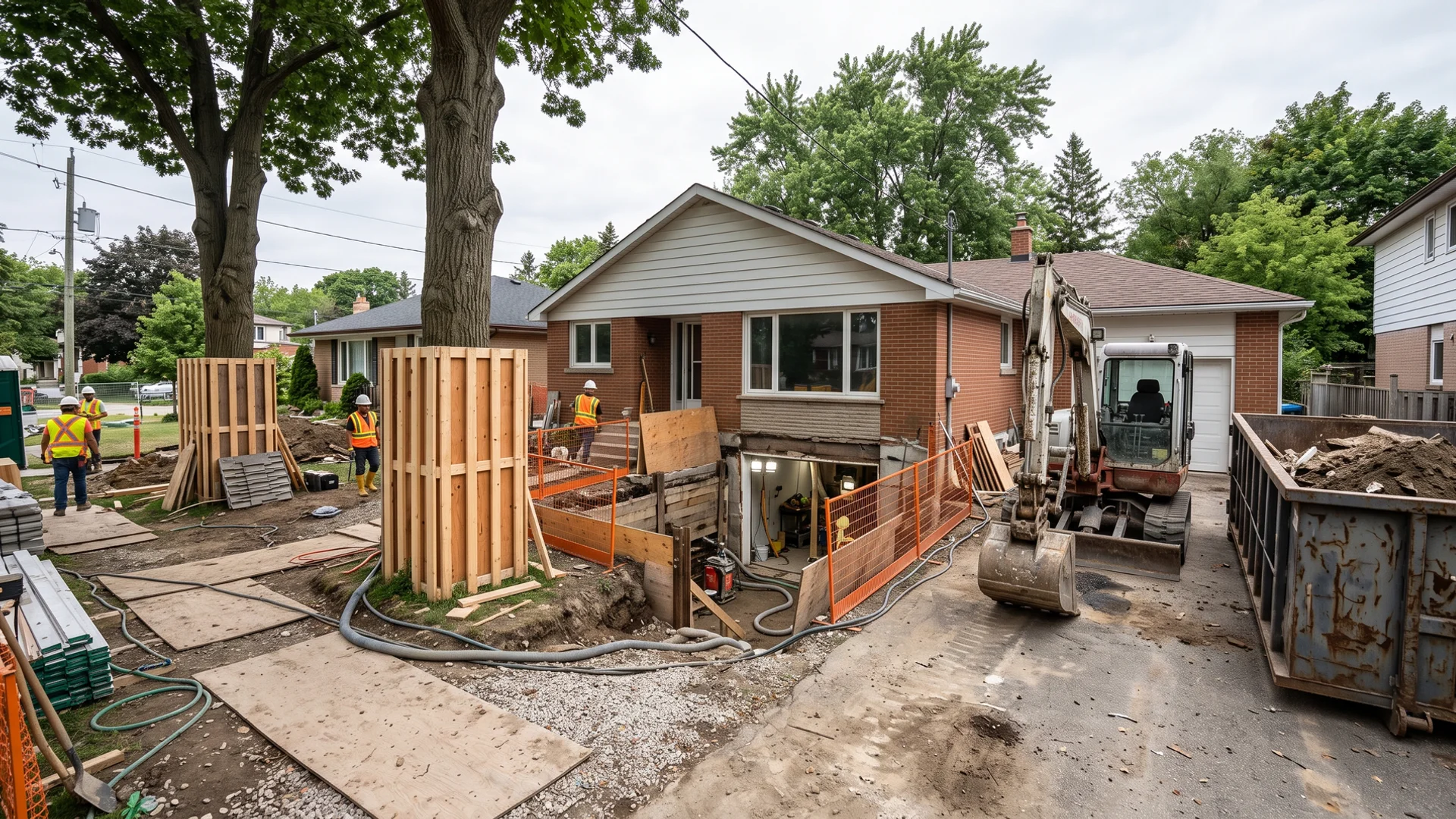 1950s North York bungalow with an excavator in the driveway during a dig-out