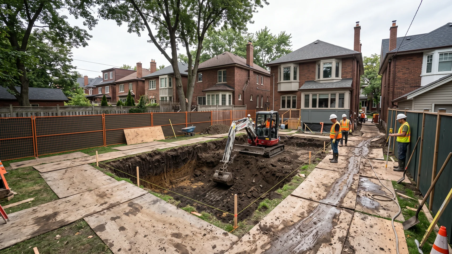 Backyard pool excavation in a Toronto yard with a mini-excavator and protected lawn