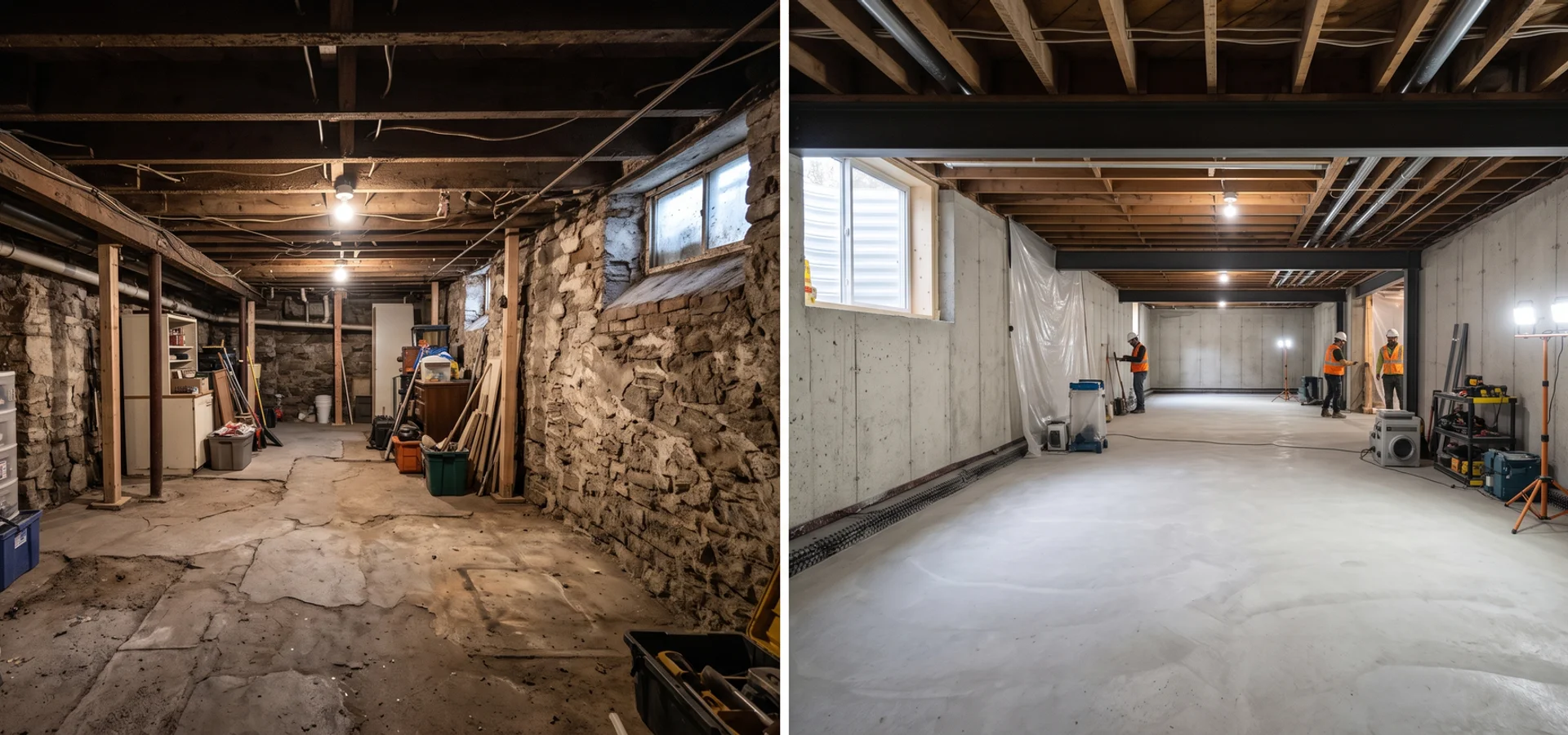 Low basement before and finished underpinned basement after