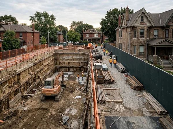 Benched excavation walls stepped in 1.2 m lifts