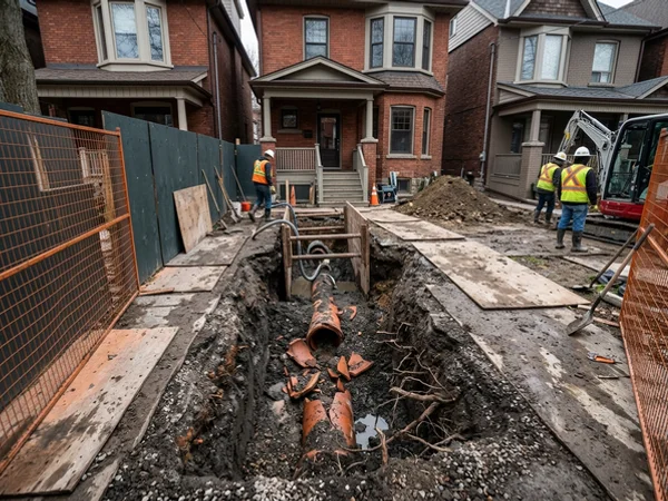 Collapsed clay sewer lateral exposed in a front-yard excavation