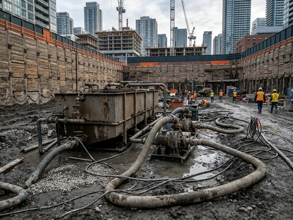 Dewatering pumps and settling tank at the base of a commercial excavation