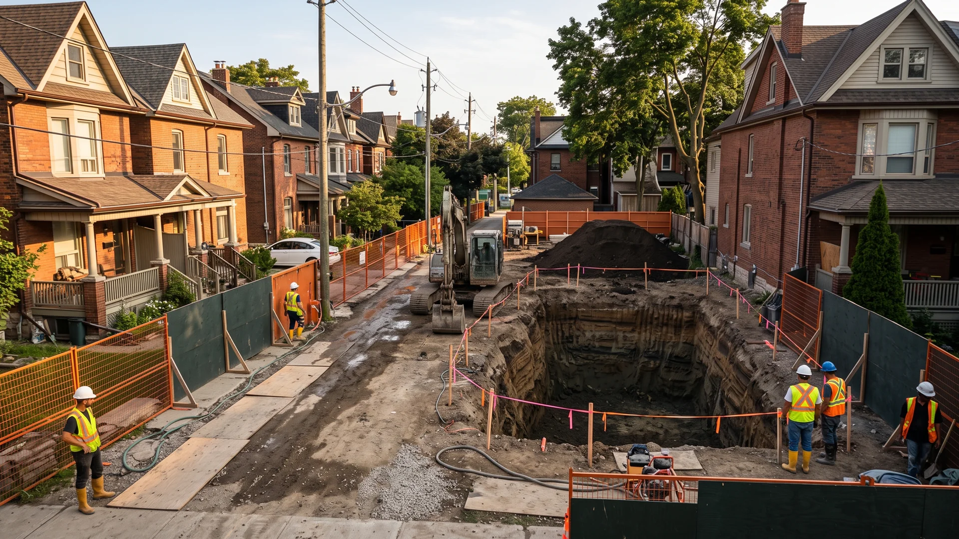 Custom-home foundation excavation on a Toronto infill lot with an excavator and benched walls