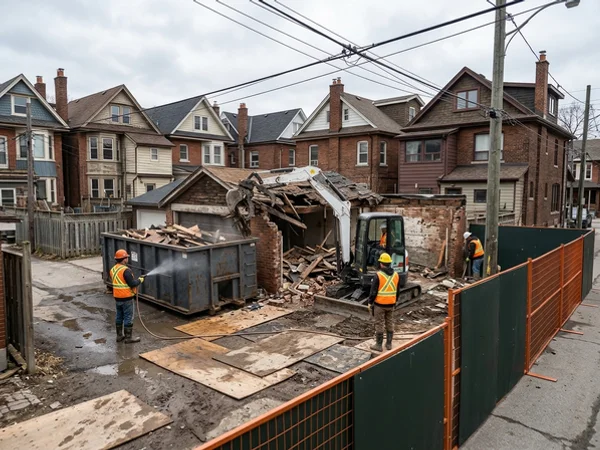 Garage demolition on a Toronto laneway with a compact excavator