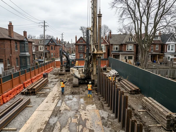 Drill rig installing soldier piles along a property line