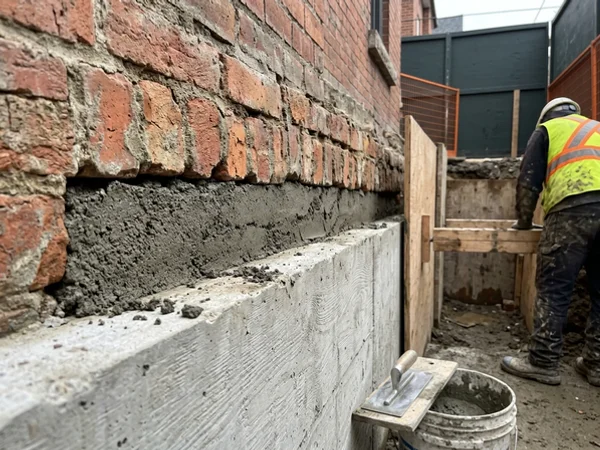 Dry-pack non-shrink grout joint between new underpinning and the old footing