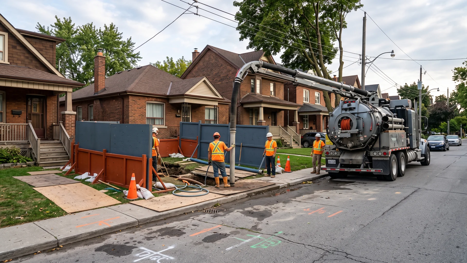 East York street of brick bungalows with a hydrovac truck at a front-yard dig
