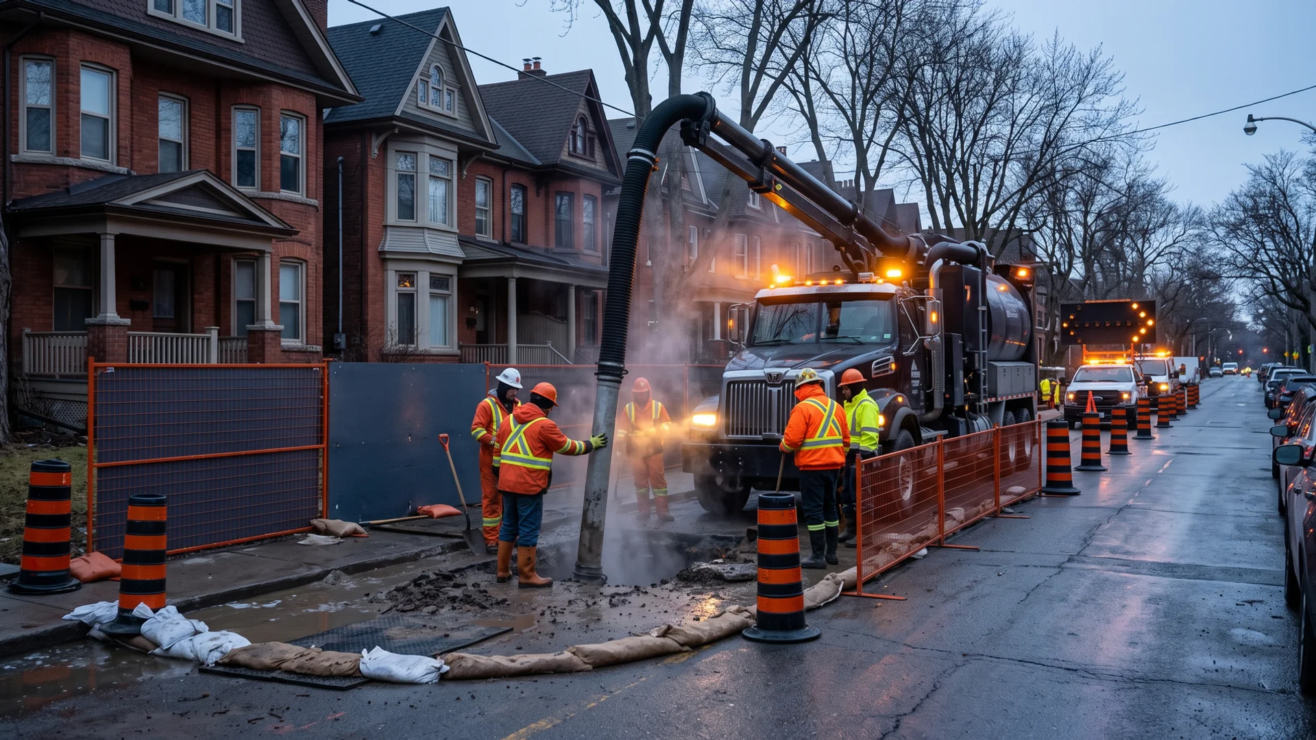 Emergency watermain repair in front of a Toronto house with a hydrovac truck exposing the break